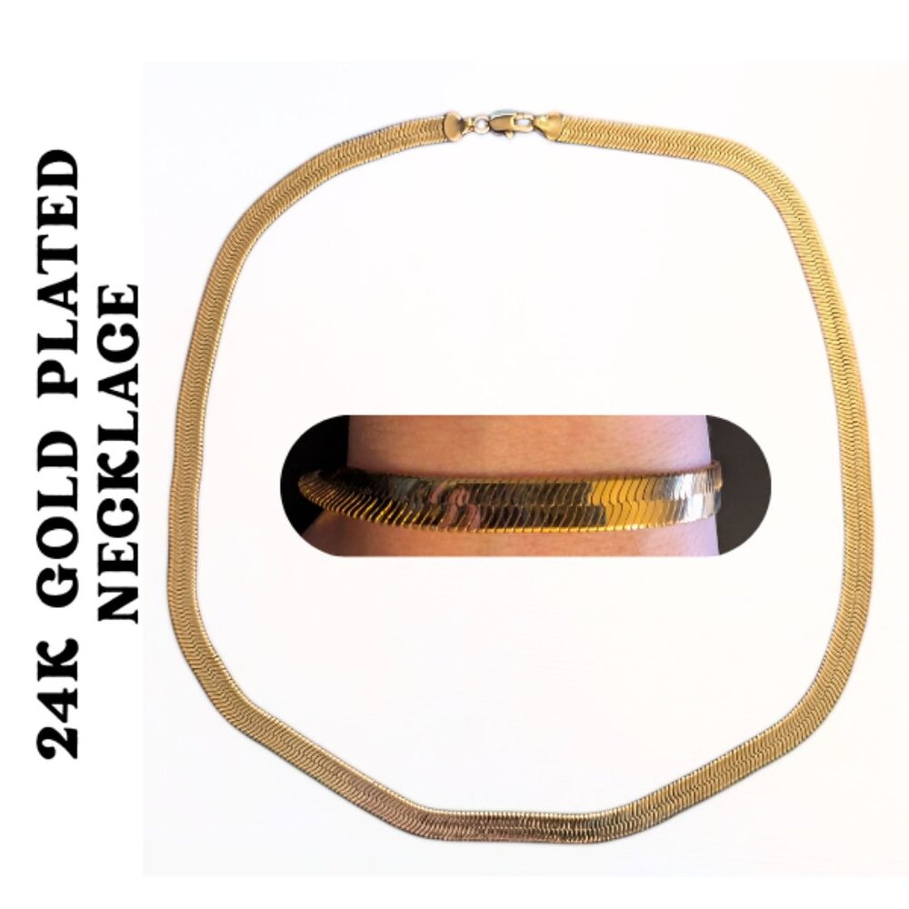 24K Gold Plated Flat Herringbone Chain Necklace 1/4" Wide 24" Long